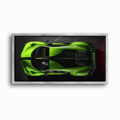 Bugatti Neon Charge Wall Art – Green Top View Hypercar Canvas Print Cars