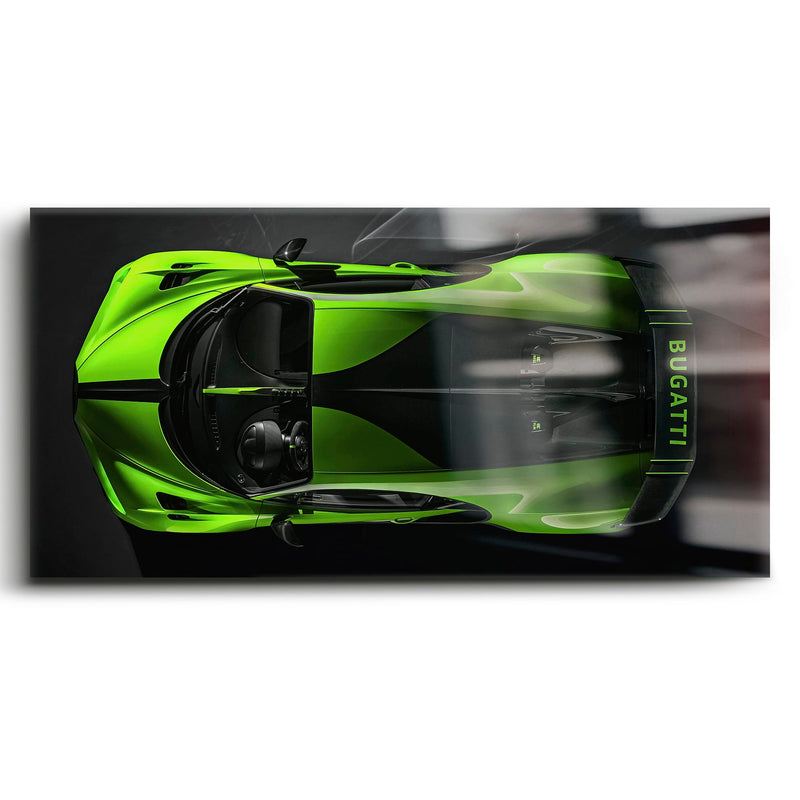 Bugatti Neon Charge Wall Art – Green Top View Hypercar Canvas Print Cars