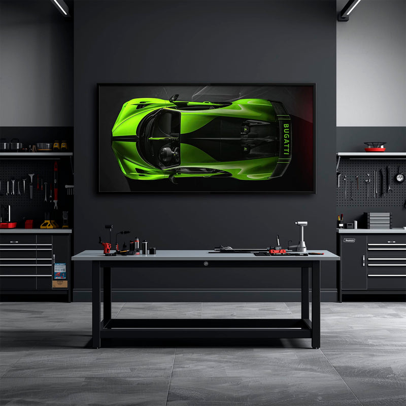 Bugatti Neon Charge Wall Art – Green Top View Hypercar Canvas Print Cars