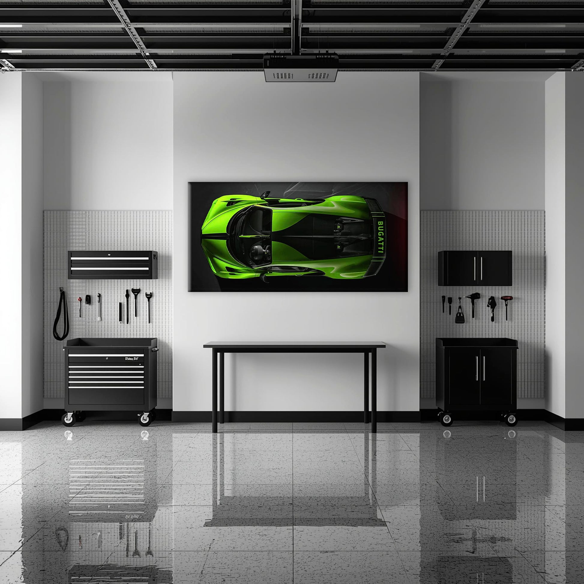 Bugatti Neon Charge Wall Art – Green Top View Hypercar Canvas Print Cars