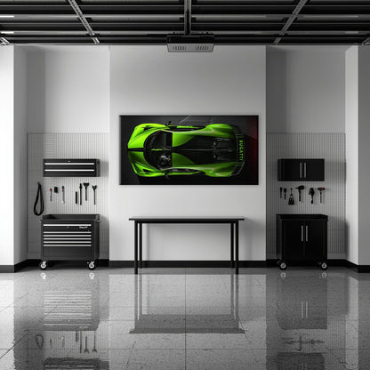 Bugatti Neon Charge Wall Art – Green Top View Hypercar Canvas Print Cars