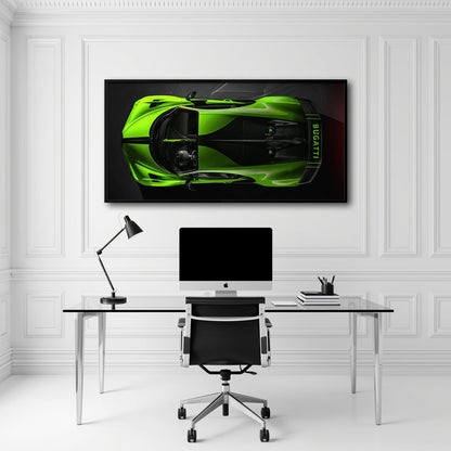 Bugatti Neon Charge Wall Art – Green Top View Hypercar Canvas Print Cars