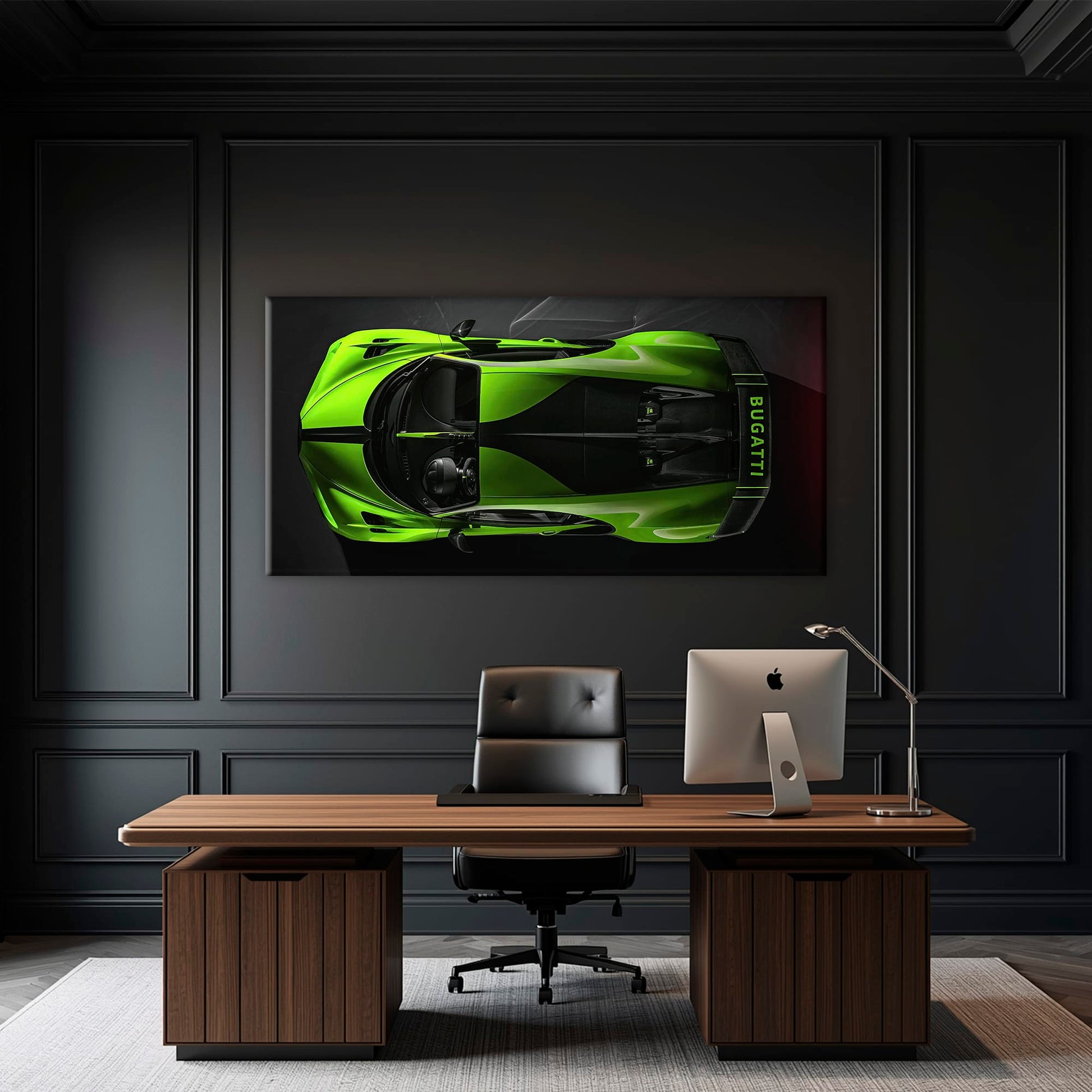 Bugatti Neon Charge Wall Art – Green Top View Hypercar Canvas Print Cars