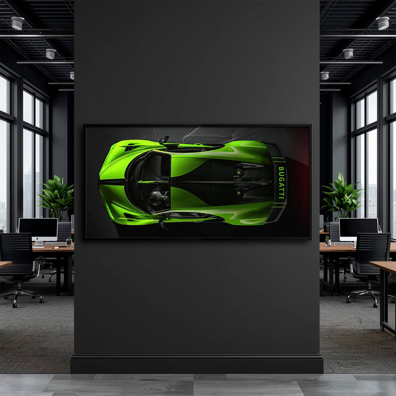 Bugatti Neon Charge Wall Art – Green Top View Hypercar Canvas Print Cars