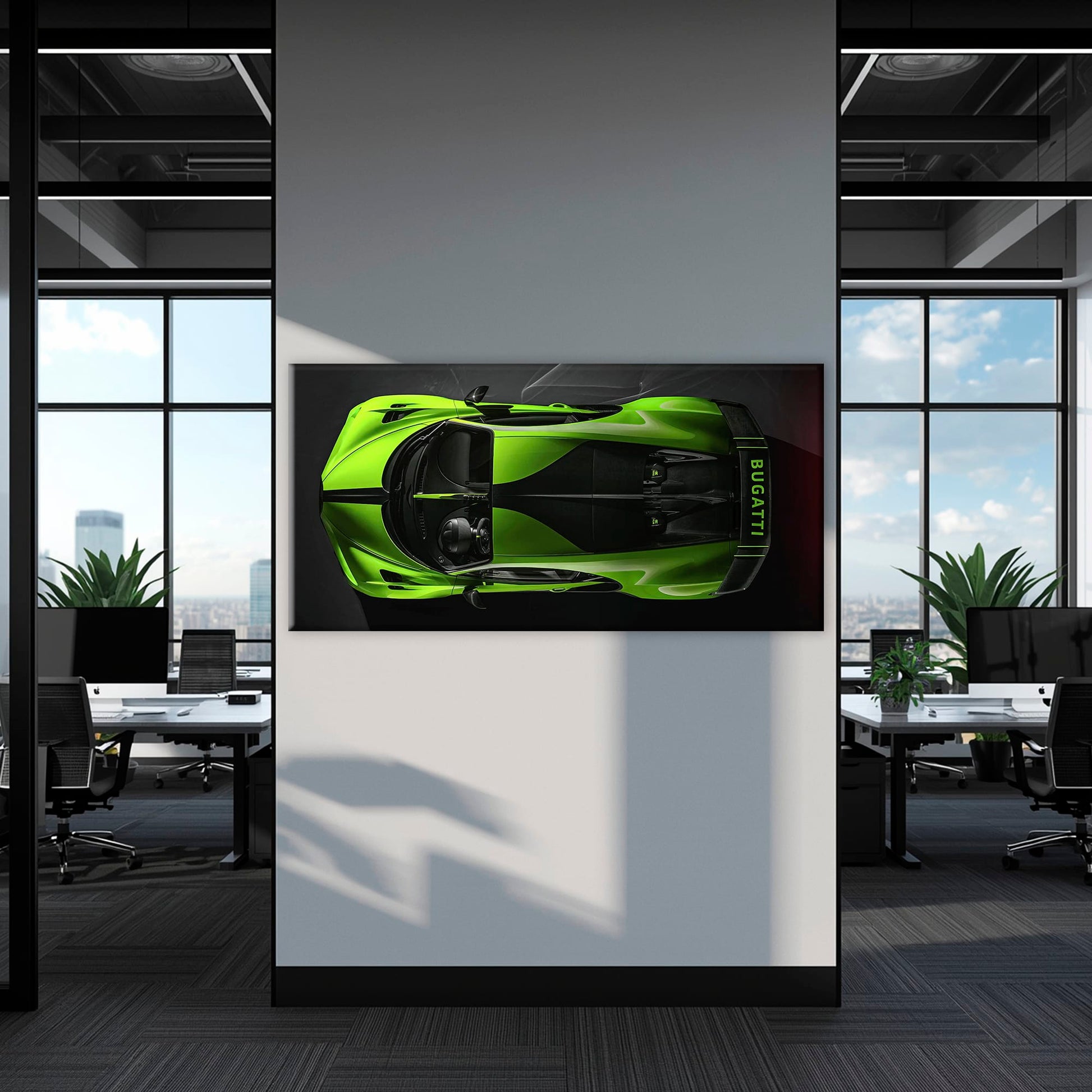 Bugatti Neon Charge Wall Art – Green Top View Hypercar Canvas Print Cars