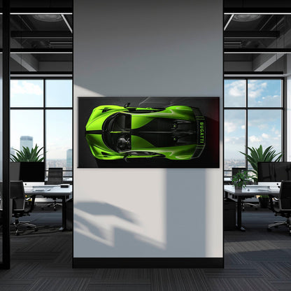 Bugatti Neon Charge Wall Art – Green Top View Hypercar Canvas Print Cars