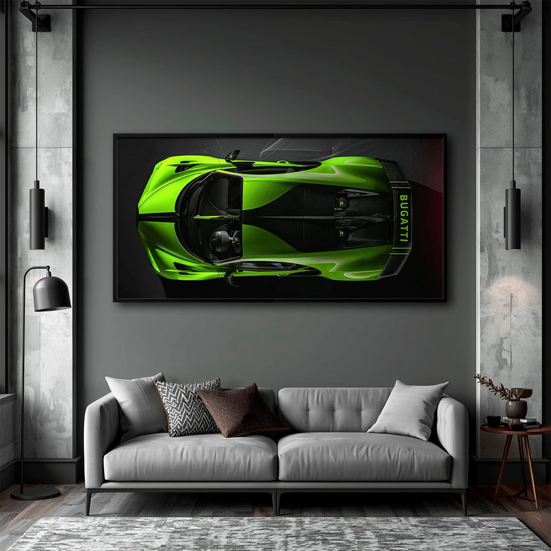 Bugatti Neon Charge Wall Art – Green Top View Hypercar Canvas Print Cars