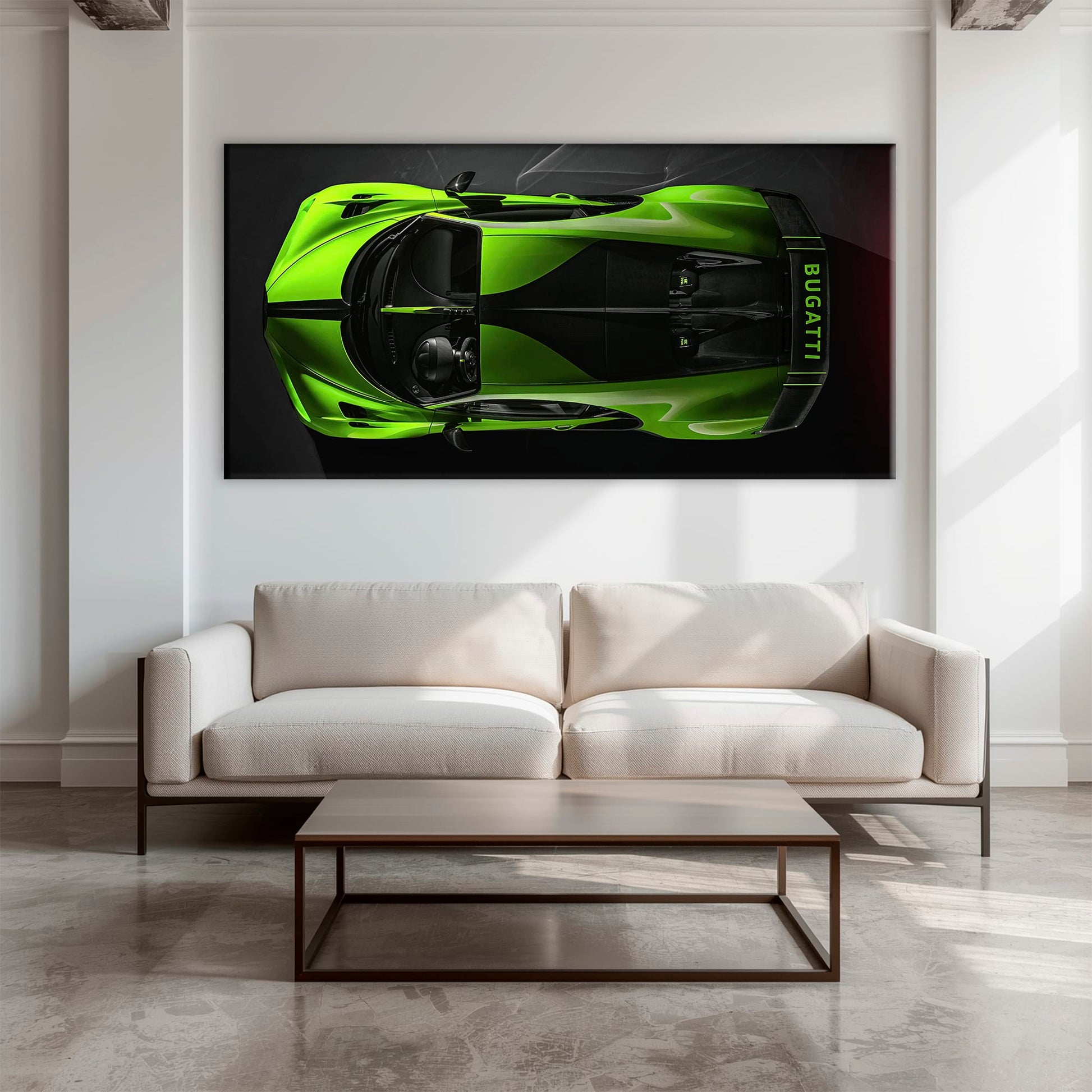 Bugatti Neon Charge Wall Art – Green Top View Hypercar Canvas Print Cars