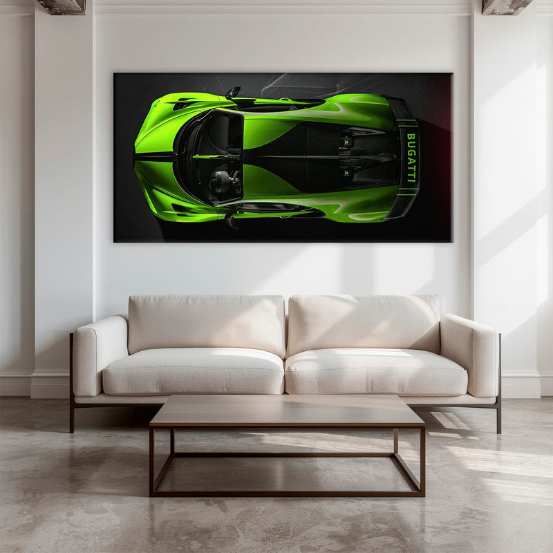 Bugatti Neon Charge Wall Art – Green Top View Hypercar Canvas Print Cars