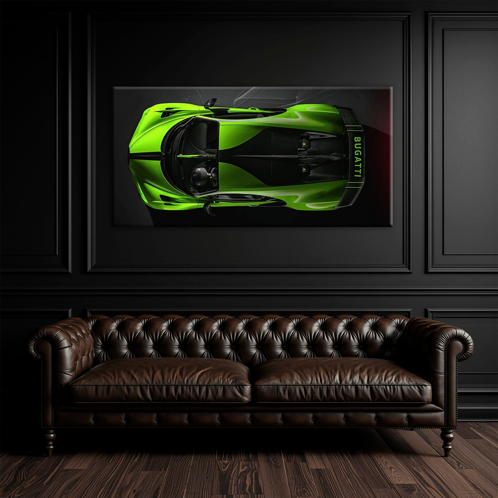Bugatti Neon Charge Wall Art – Green Top View Hypercar Canvas Print Cars