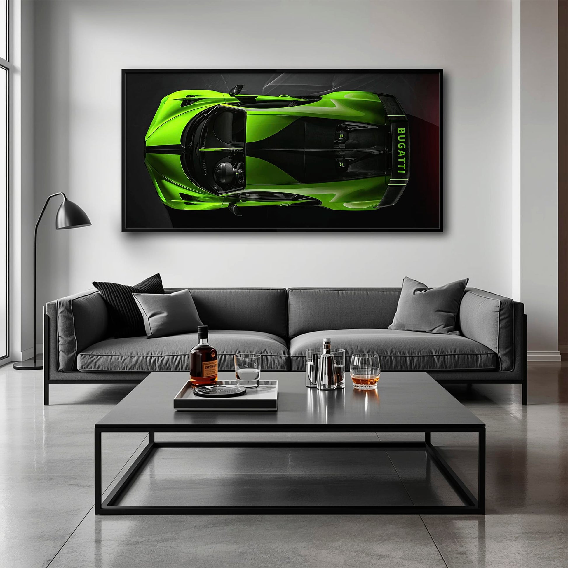 Bugatti Neon Charge Wall Art – Green Top View Hypercar Canvas Print Cars