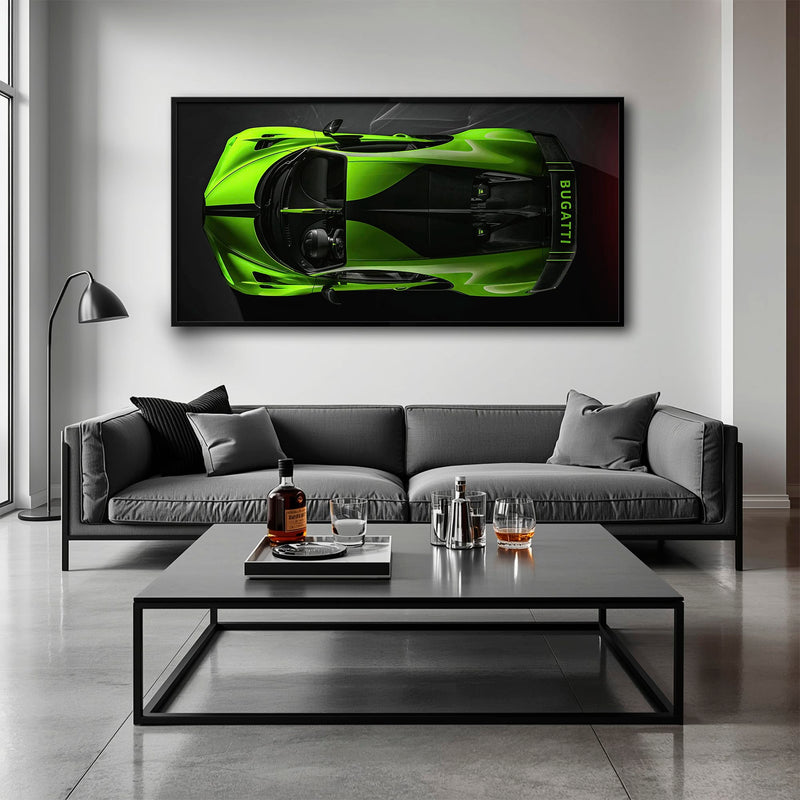 Bugatti Neon Charge Wall Art – Green Top View Hypercar Canvas Print Cars