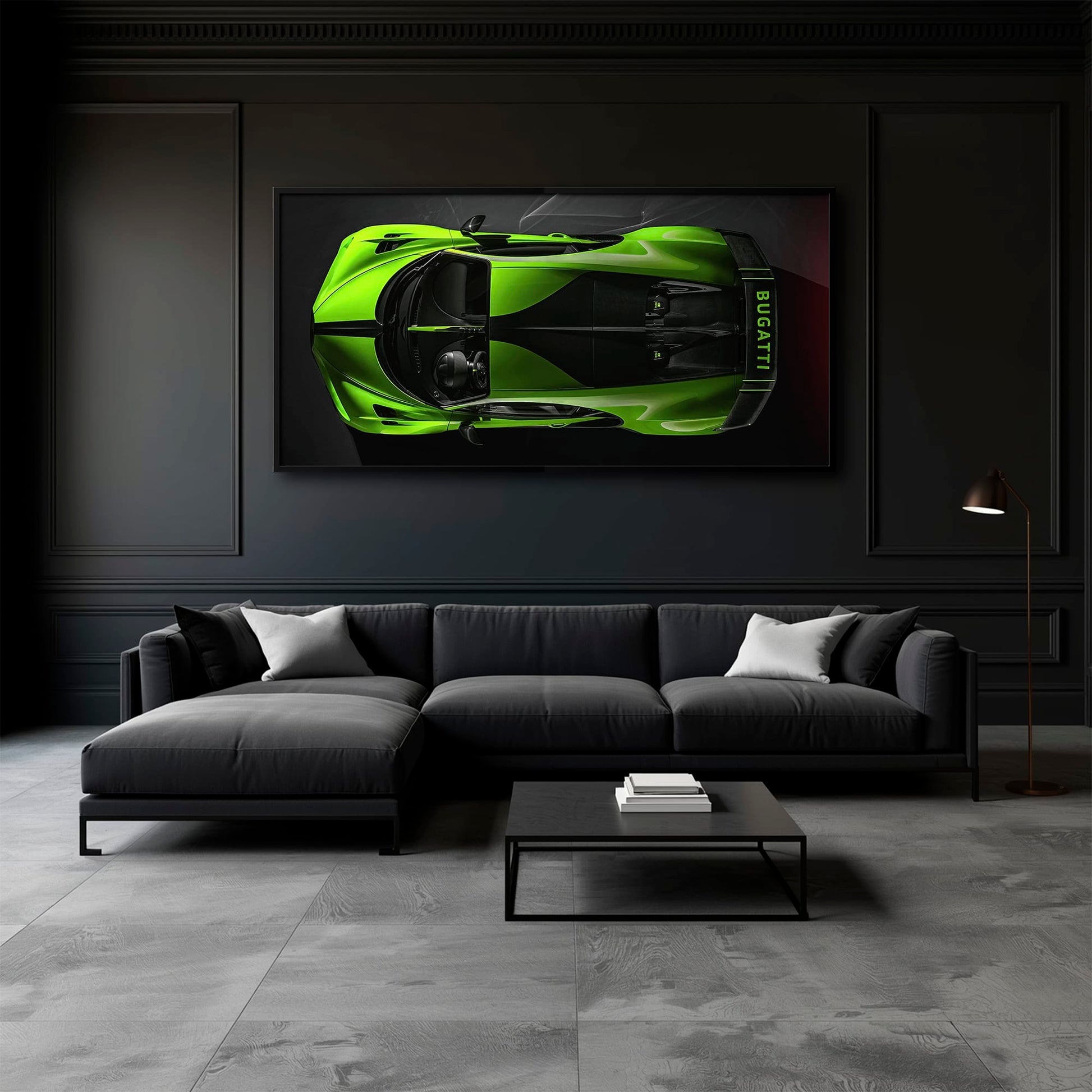 Bugatti Neon Charge Wall Art – Green Top View Hypercar Canvas Print Cars