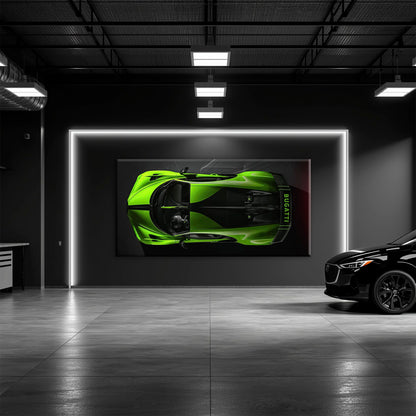 Bugatti Neon Charge Wall Art – Green Top View Hypercar Canvas Print Cars