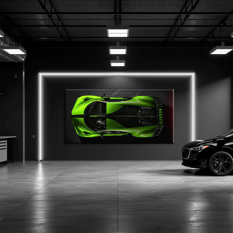 Bugatti Neon Charge Wall Art – Green Top View Hypercar Canvas Print Cars