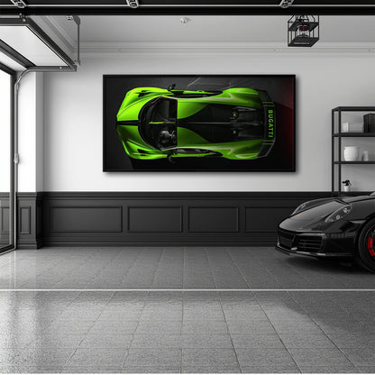 Bugatti Neon Charge Wall Art – Green Top View Hypercar Canvas Print Cars