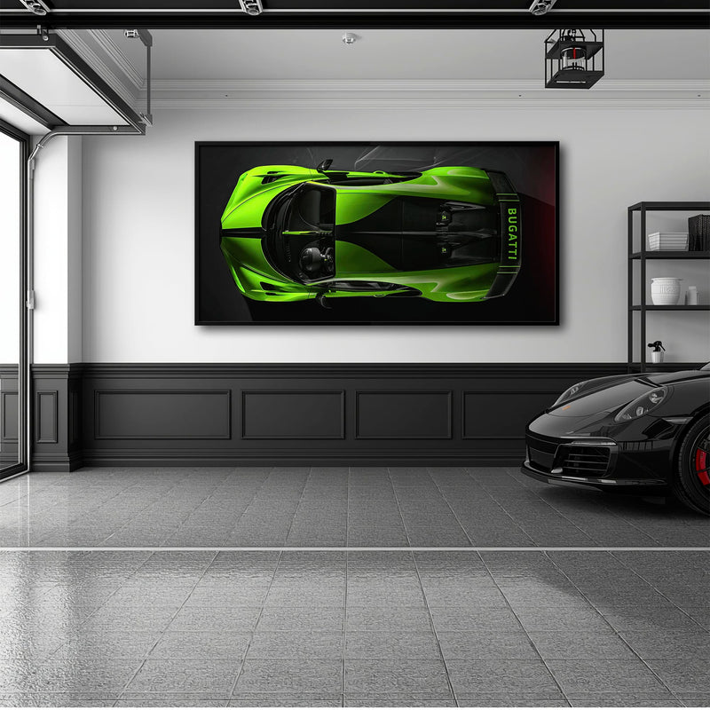 Bugatti Neon Charge Wall Art – Green Top View Hypercar Canvas Print Cars