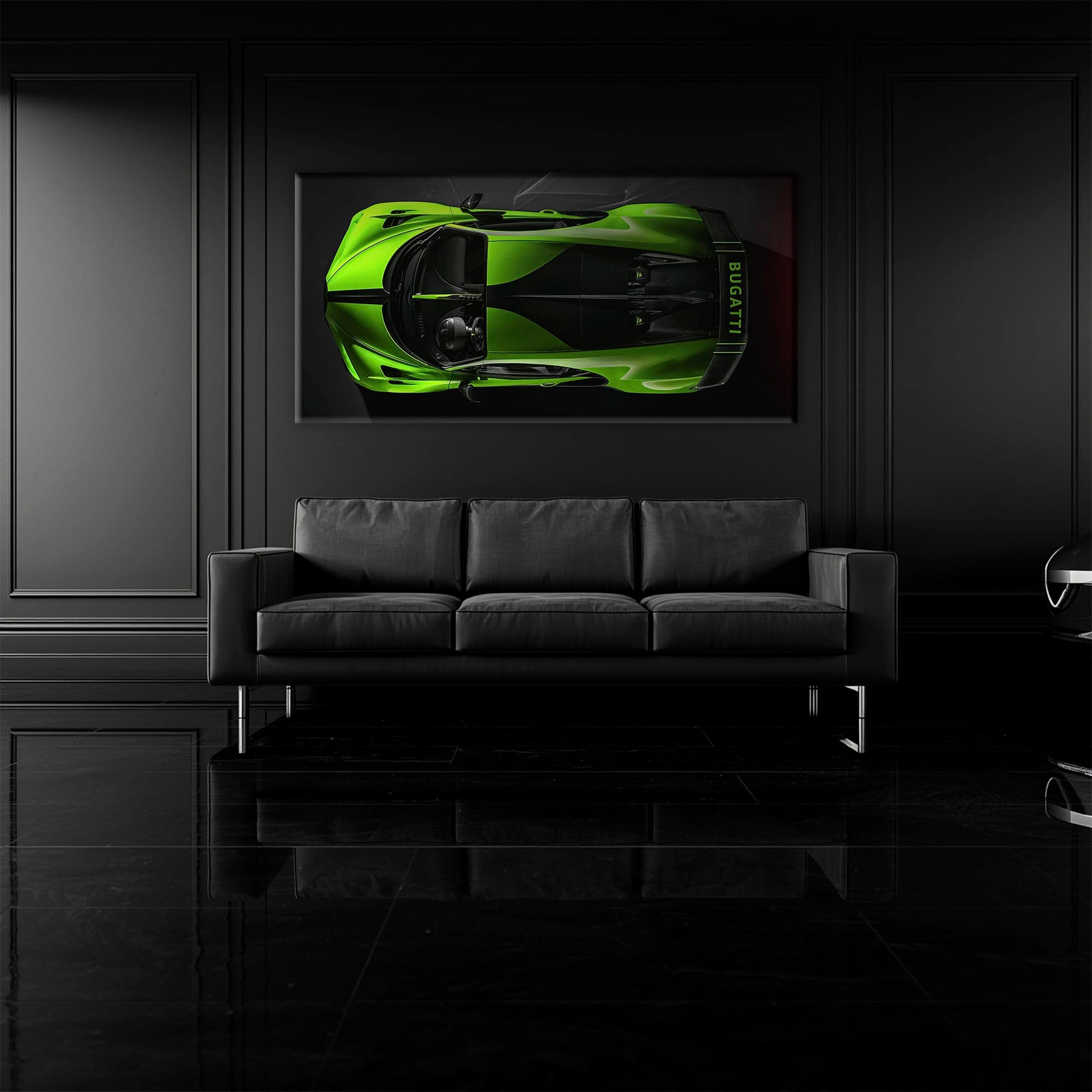 Bugatti Neon Charge Wall Art – Green Top View Hypercar Canvas Print Cars