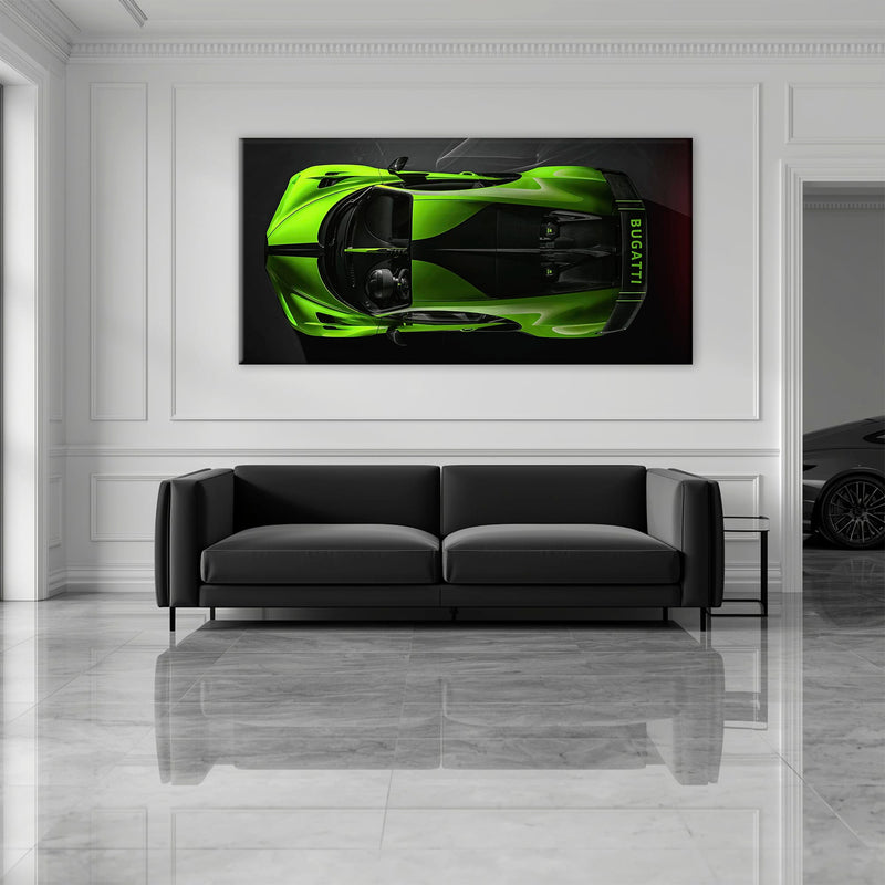 Bugatti Neon Charge Wall Art – Green Top View Hypercar Canvas Print Cars