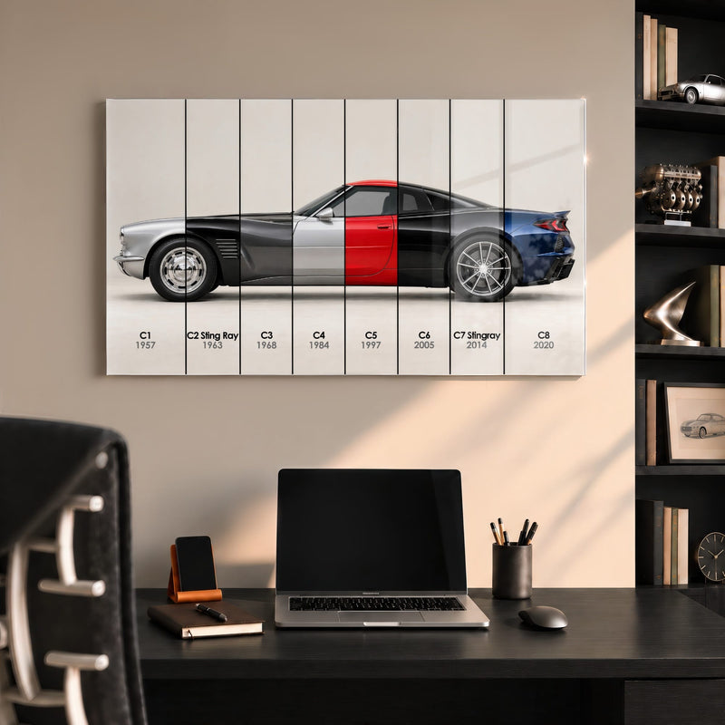 Corvette Evolution Poster C1–C8 & Canvas Wall Art | Caveson Acrylic Glass / 12х24 / Without Frame Cars