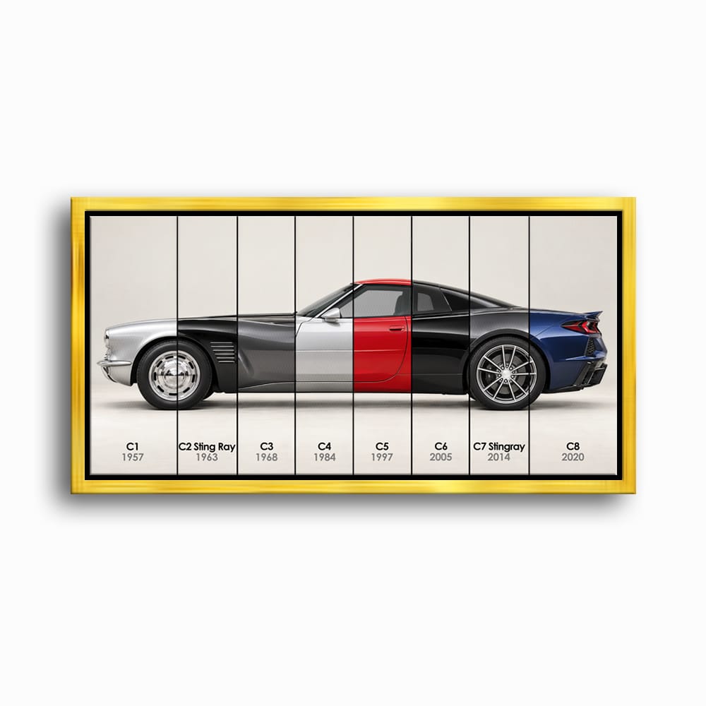 Corvette Evolution Poster C1–C8 & Canvas Wall Art | Caveson Framed Canvas / 12х24 / Gold Cars