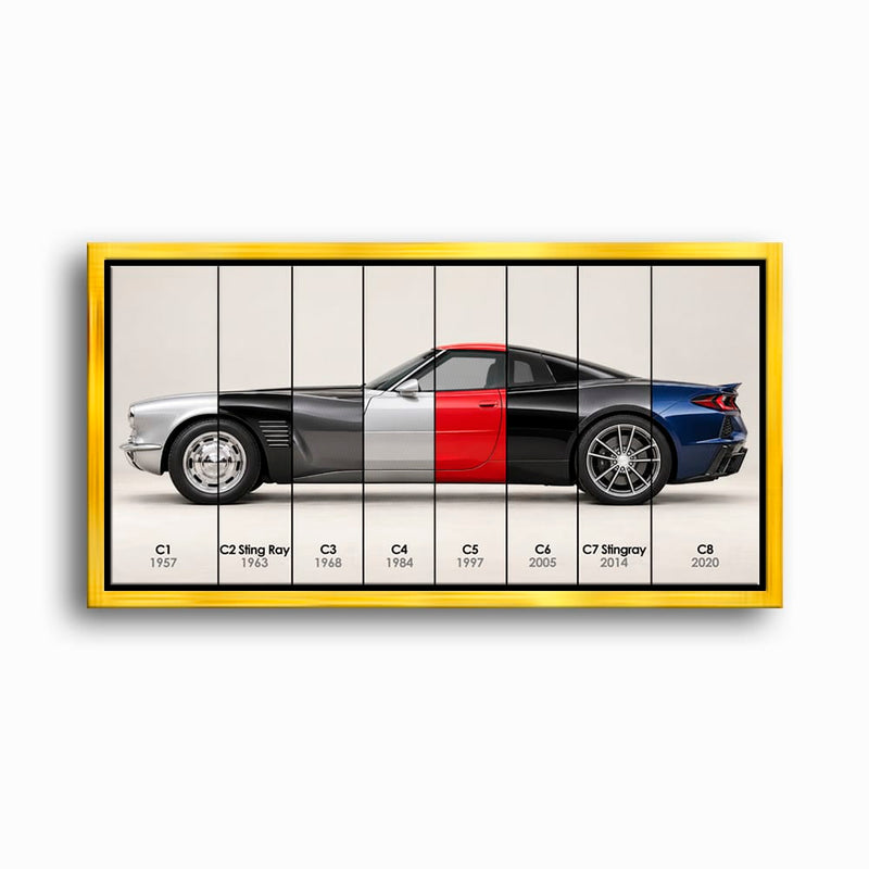Corvette Evolution Poster C1–C8 & Canvas Wall Art | Caveson Framed Canvas / 12х24 / Gold Cars