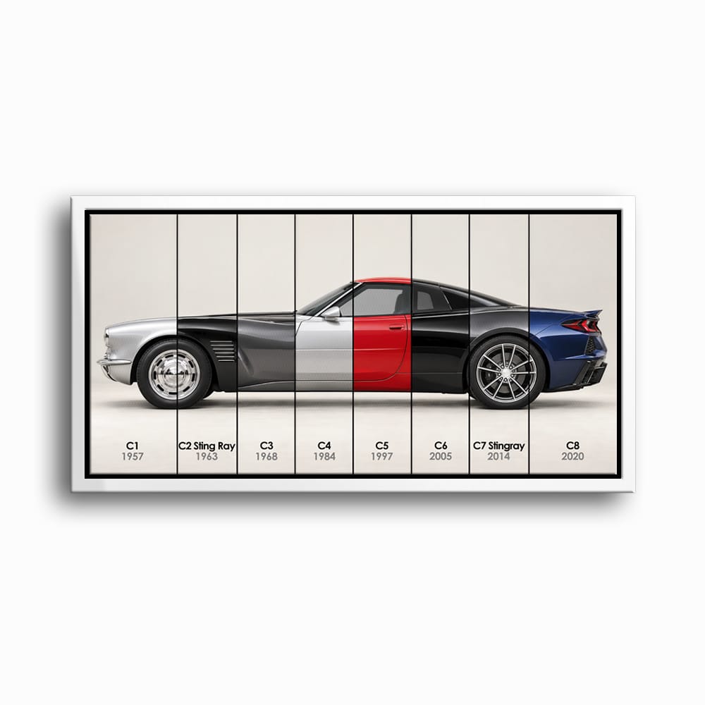 Corvette Evolution Poster C1–C8 & Canvas Wall Art | Caveson Framed Canvas / 12х24 / White Cars