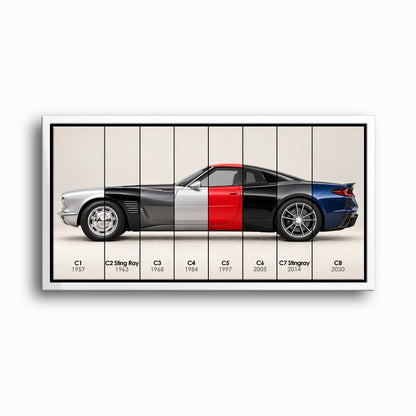 Corvette Evolution Poster C1–C8 & Canvas Wall Art | Caveson Framed Canvas / 12х24 / White Cars