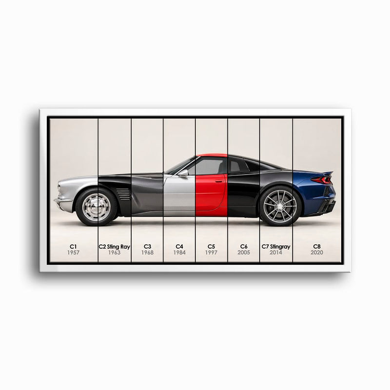 Corvette Evolution Poster C1–C8 & Canvas Wall Art | Caveson Framed Canvas / 12х24 / White Cars