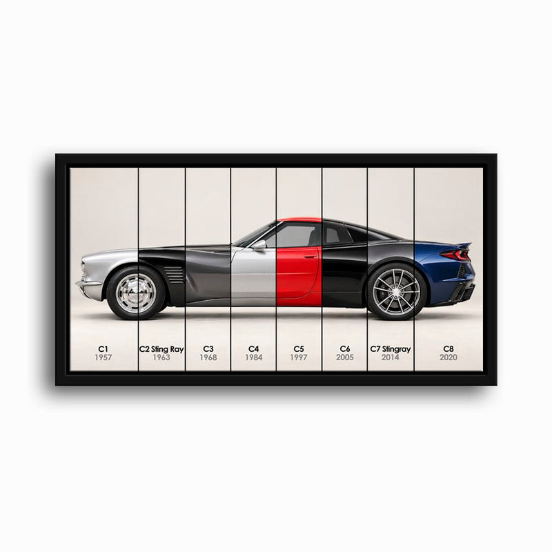 Corvette Evolution Poster C1–C8 & Canvas Wall Art | Caveson Framed Canvas / 12х24 / Black Cars