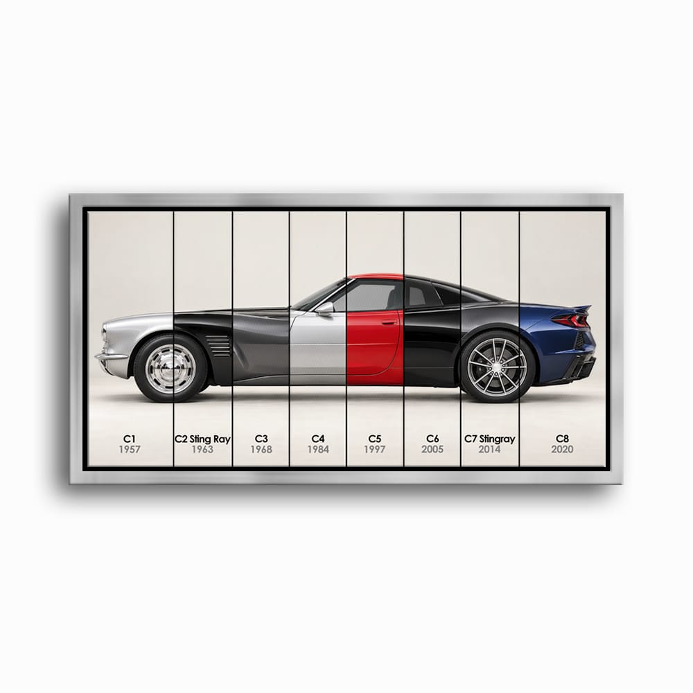 Corvette Evolution Poster C1–C8 & Canvas Wall Art | Caveson Framed Canvas / 12х24 / Silver Cars