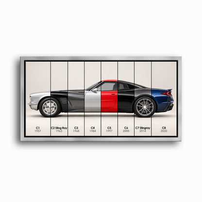 Corvette Evolution Poster C1–C8 & Canvas Wall Art | Caveson Framed Canvas / 12х24 / Silver Cars