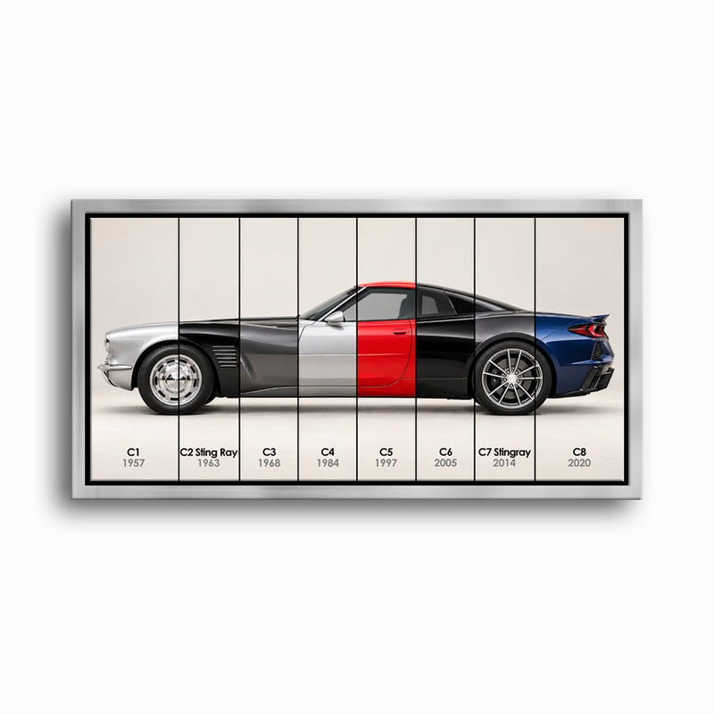 Corvette Evolution Poster C1–C8 & Canvas Wall Art | Caveson Framed Canvas / 12х24 / Silver Cars