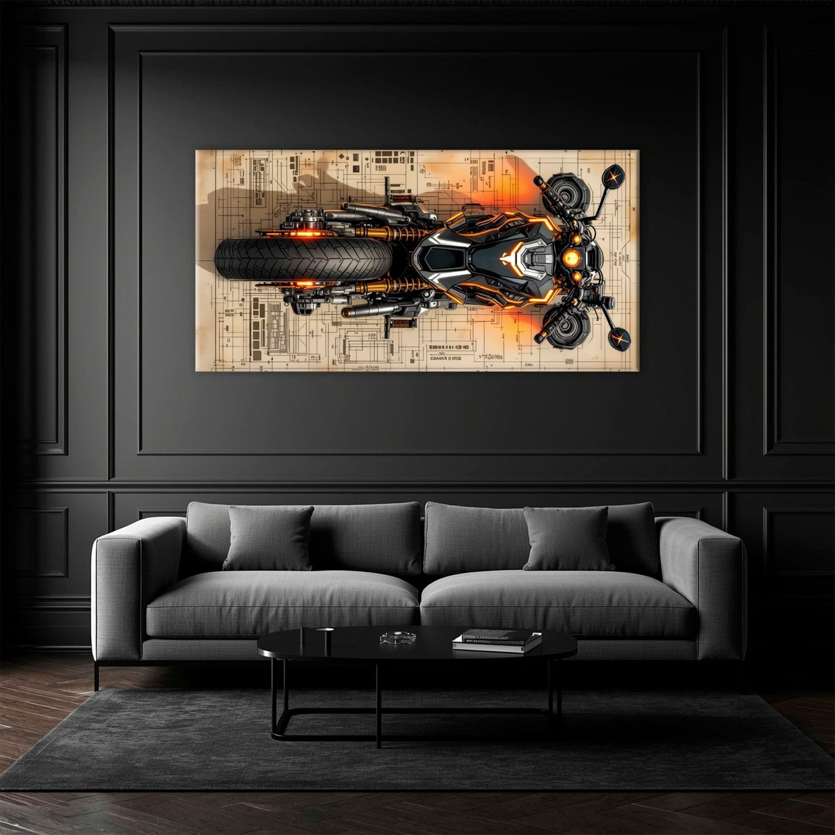 Blueprint Canvas Print – Cyberpunk Motorcycle Wall Art-Retro Bike Art Motorcycle