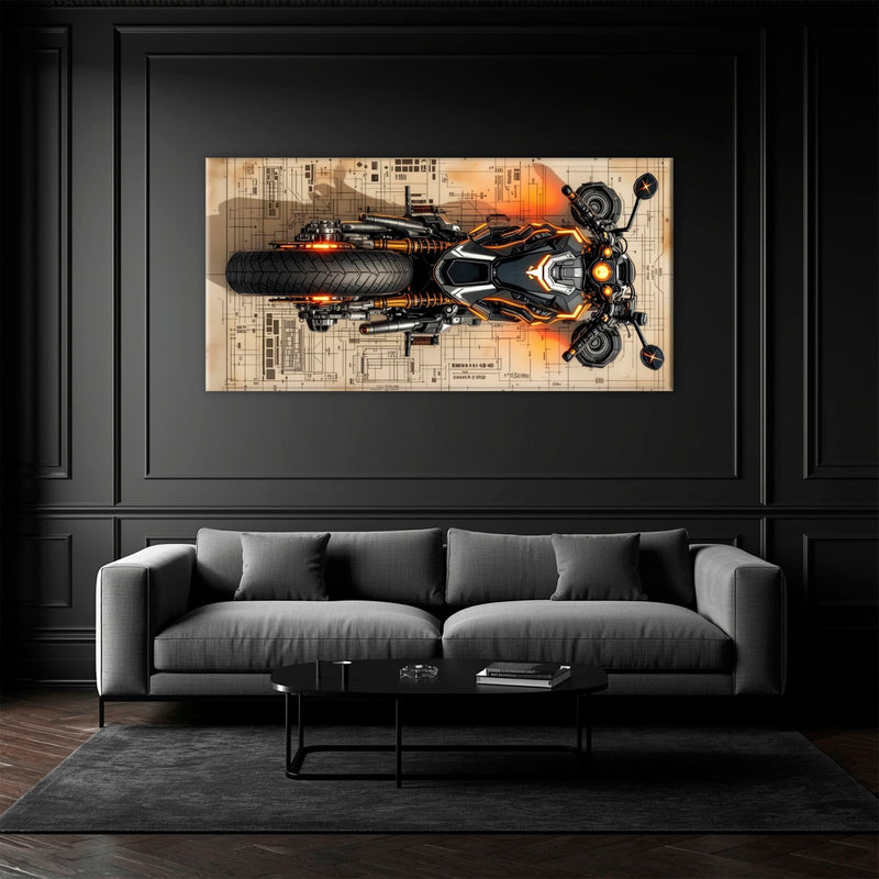 Blueprint Canvas Print – Cyberpunk Motorcycle Wall Art-Retro Bike Art Motorcycle