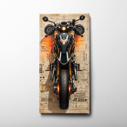 Blueprint Canvas Print – Cyberpunk Motorcycle Wall Art-Retro Bike Art Motorcycle