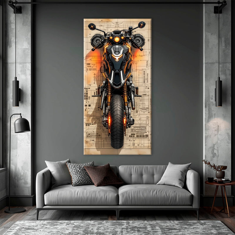 Blueprint Canvas Print – Cyberpunk Motorcycle Wall Art-Retro Bike Art Motorcycle