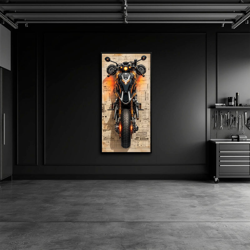 Blueprint Canvas Print – Cyberpunk Motorcycle Wall Art-Retro Bike Art Motorcycle