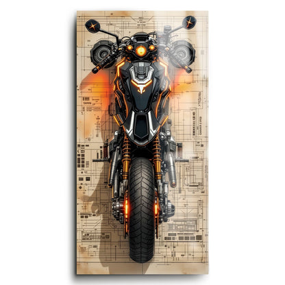 Blueprint Canvas Print – Cyberpunk Motorcycle Wall Art-Retro Bike Art Motorcycle