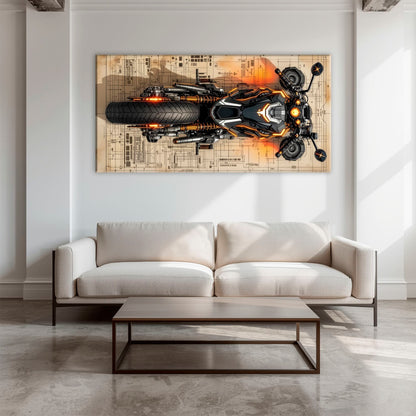 Blueprint Canvas Print – Cyberpunk Motorcycle Wall Art-Retro Bike Art Motorcycle