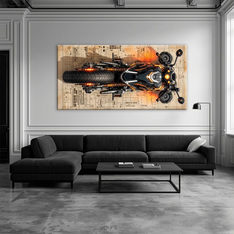 Blueprint Canvas Print – Cyberpunk Motorcycle Wall Art-Retro Bike Art Motorcycle