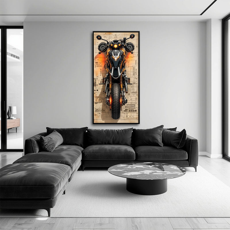 Blueprint Canvas Print – Cyberpunk Motorcycle Wall Art-Retro Bike Art Motorcycle