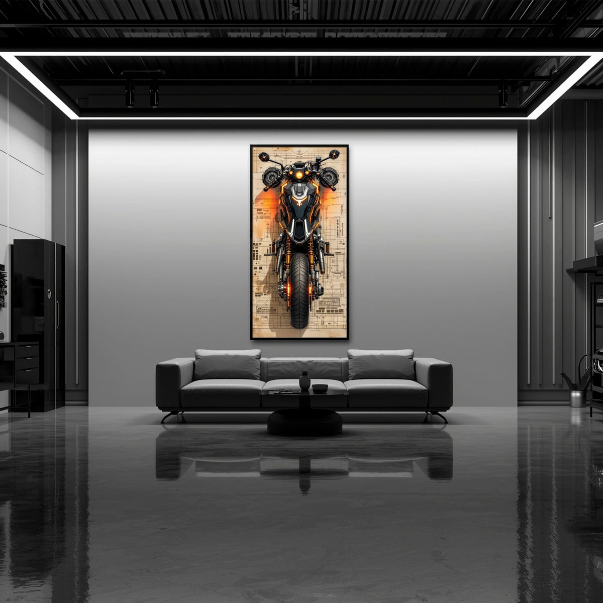 Blueprint Canvas Print – Cyberpunk Motorcycle Wall Art-Retro Bike Art Motorcycle