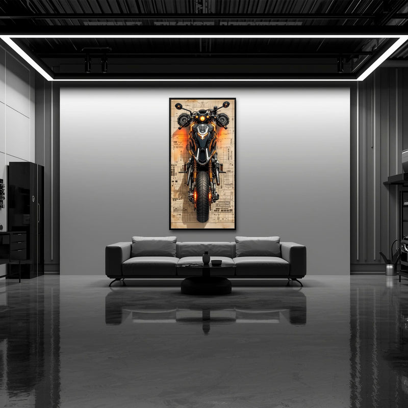 Blueprint Canvas Print – Cyberpunk Motorcycle Wall Art-Retro Bike Art Motorcycle