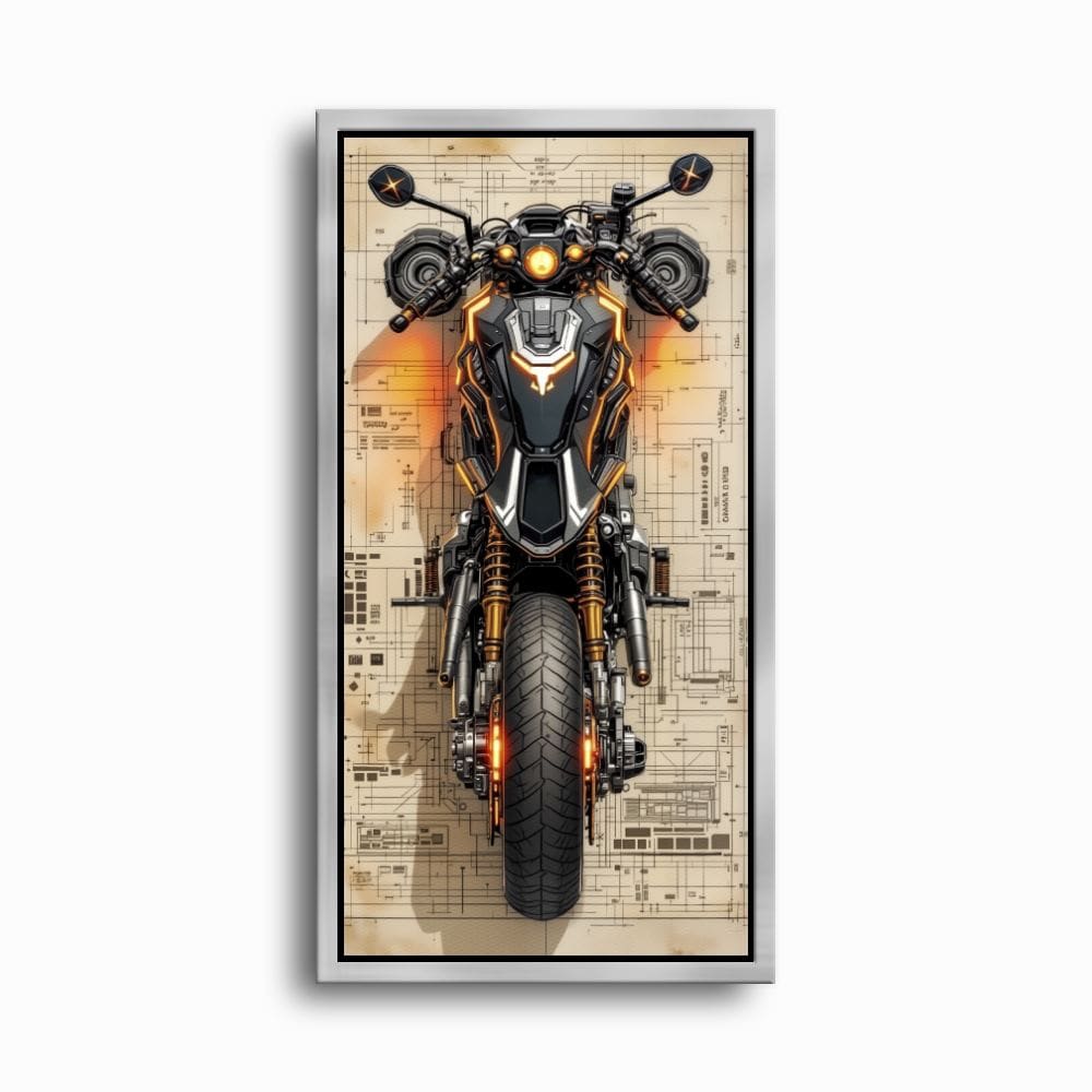 Blueprint Canvas Print – Cyberpunk Motorcycle Wall Art-Retro Bike Art Motorcycle