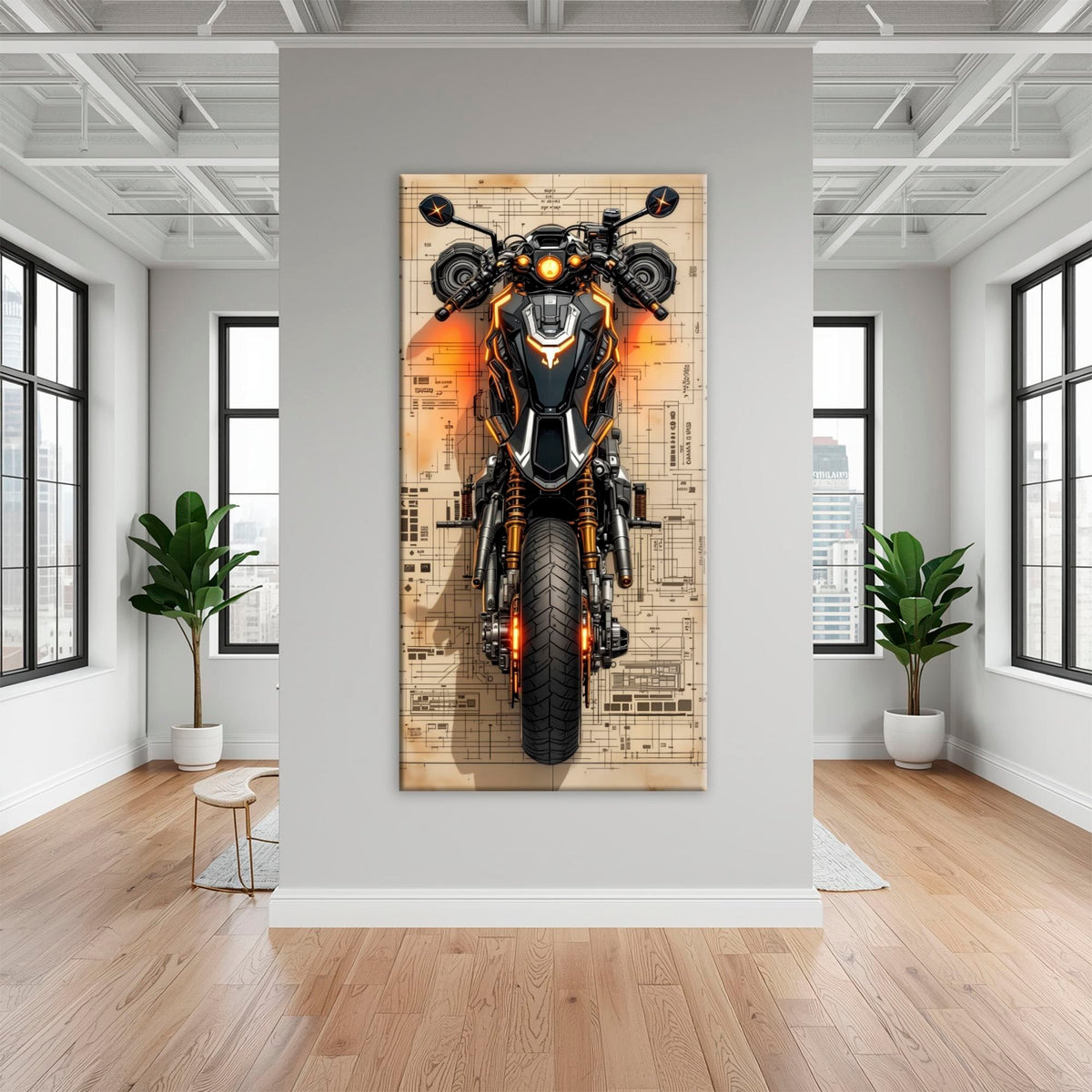 Blueprint Canvas Print – Cyberpunk Motorcycle Wall Art-Retro Bike Art Motorcycle