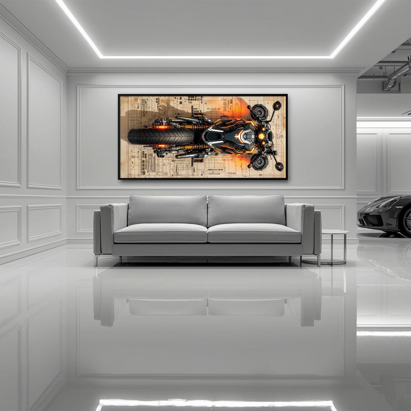 Blueprint Canvas Print – Cyberpunk Motorcycle Wall Art-Retro Bike Art Motorcycle