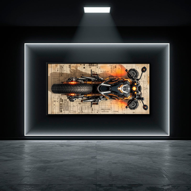 Blueprint Canvas Print – Cyberpunk Motorcycle Wall Art-Retro Bike Art Motorcycle