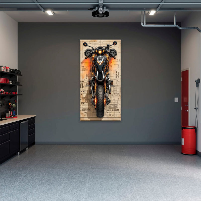 Blueprint Canvas Print – Cyberpunk Motorcycle Wall Art-Retro Bike Art Motorcycle