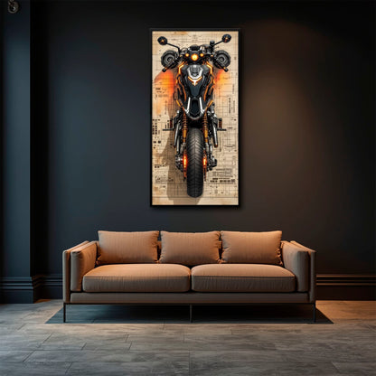 Blueprint Canvas Print – Cyberpunk Motorcycle Wall Art-Retro Bike Art Motorcycle
